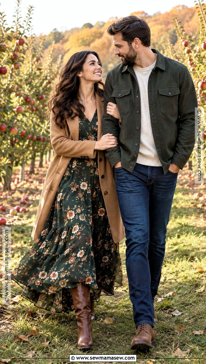 Dark Floral Dress Fall Engagement Photoshoot Outfit - 15 engament photoshoot outfit fall ideas