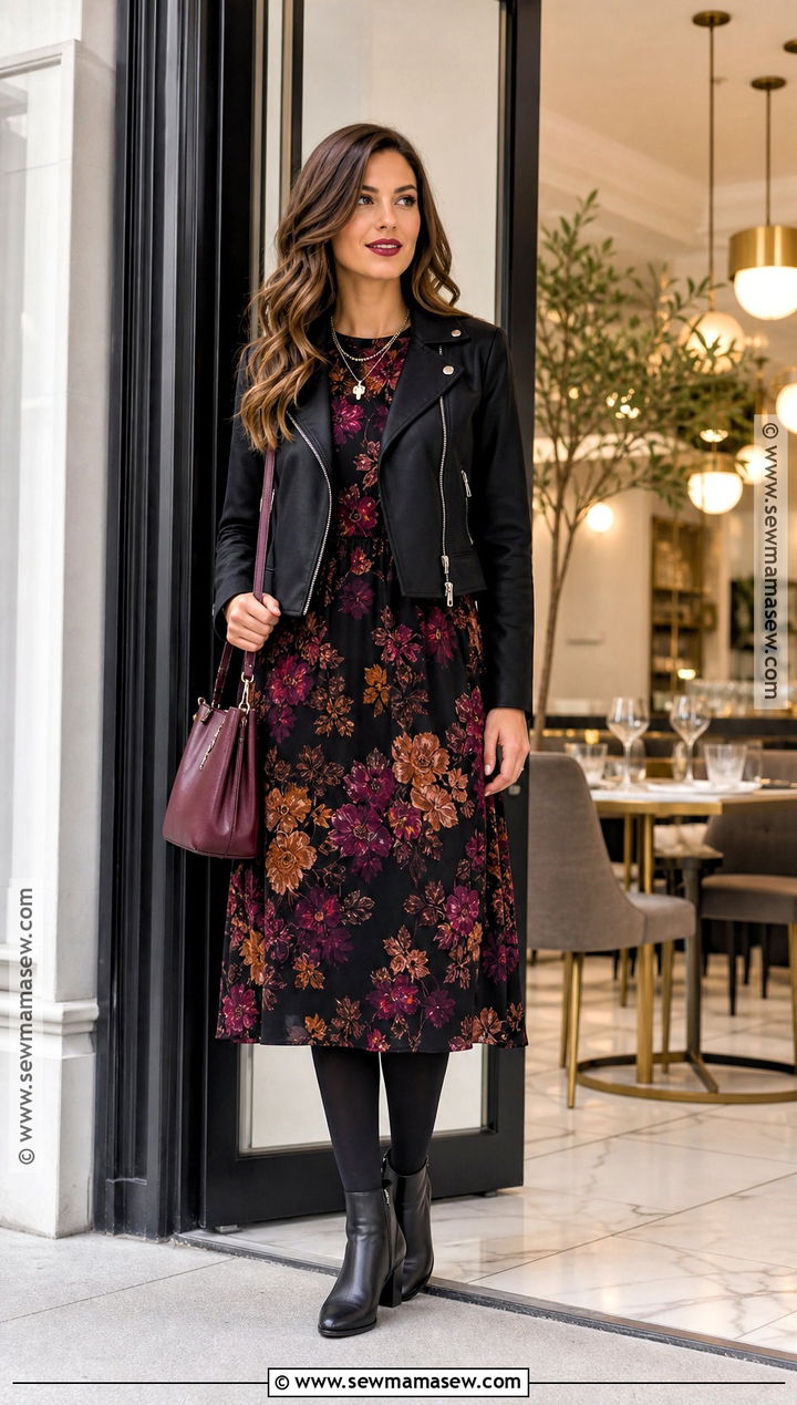 Dark Floral Dress Halloween Outfit With Moto Jacket - 30 Halloween Casual Outfits