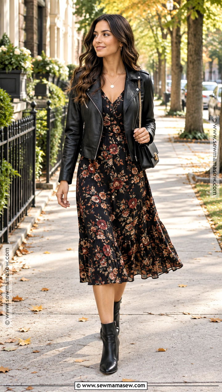 Dark Floral Dress With Leather Jacket - 30 fall dresses