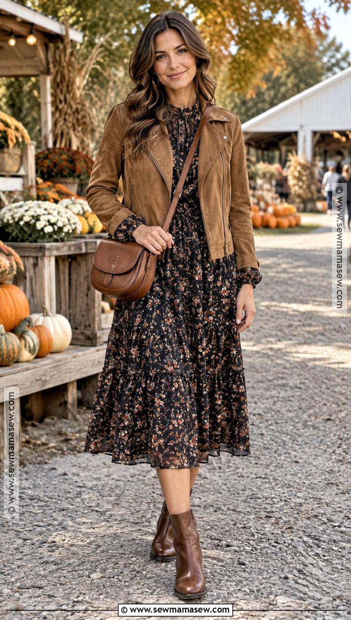 Dark Floral Dress With Suede Jacket And Boots - 20 autumn dress outfit casual ideas