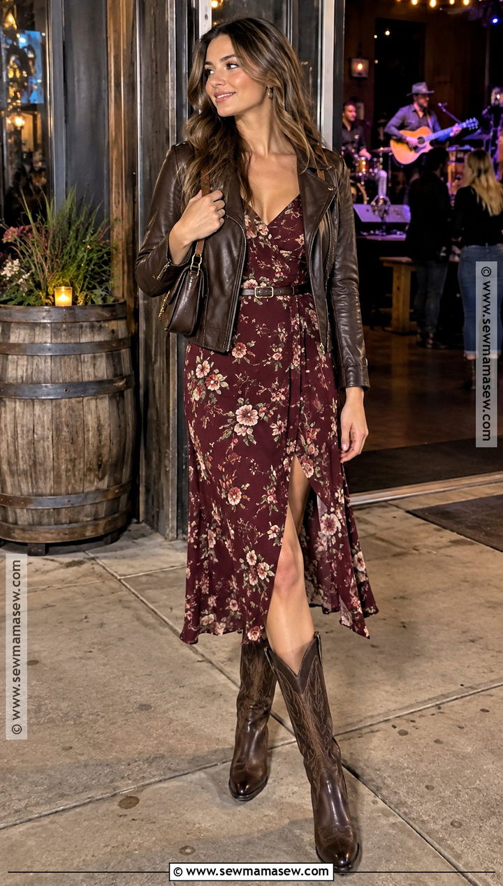 Dark Floral Dress and Cowboy Boots Bar Outfit - 25 Thanksgiving Eve Outfit Bar Ideas