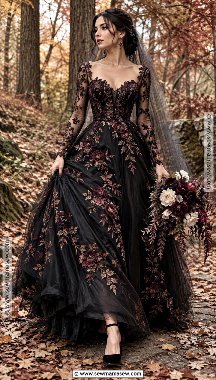 Dark Floral Embroidered Gothic Wedding Dress - 15 Gothic Fall Wedding Dress Ideas
