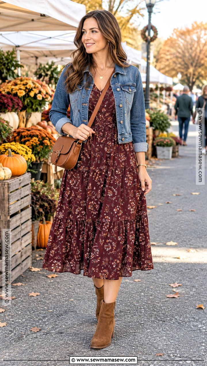 Dark Floral Fall Dress With Denim Jacket - 20 fall dresses outfits
