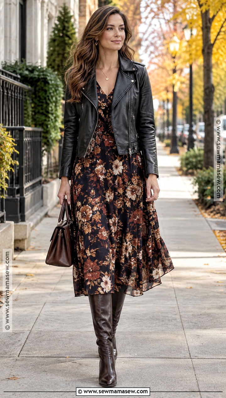Dark Floral Fall Dress With Tall Boots - 15 best fall dresses