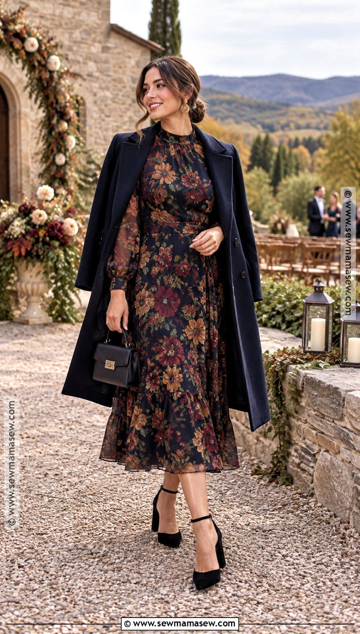 Dark Floral Fall Wedding Guest Dress - 25 wedding guest dress fall ideas