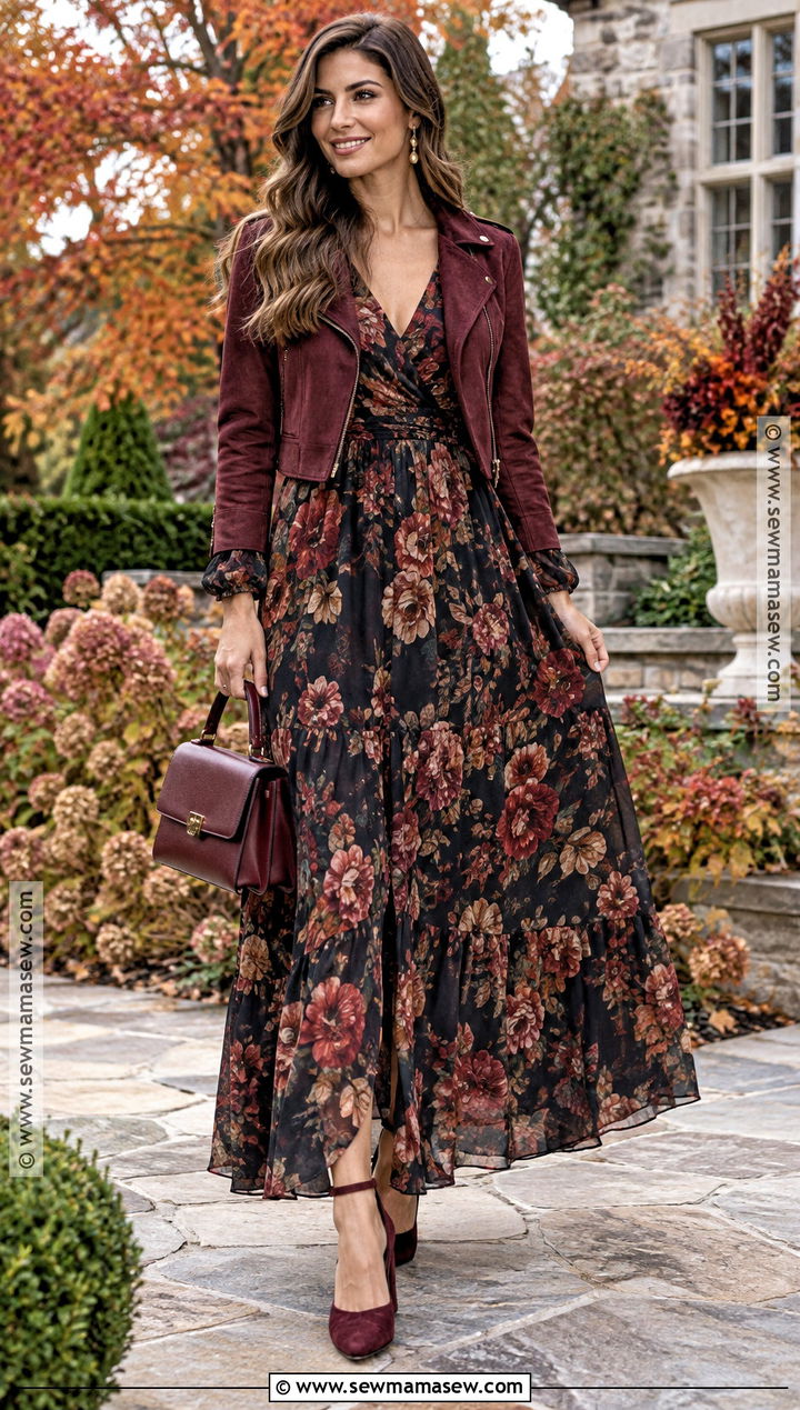 Dark Floral Fall Wedding Guest Maxi Dress - 15 fall wedding guest attire ideas for women