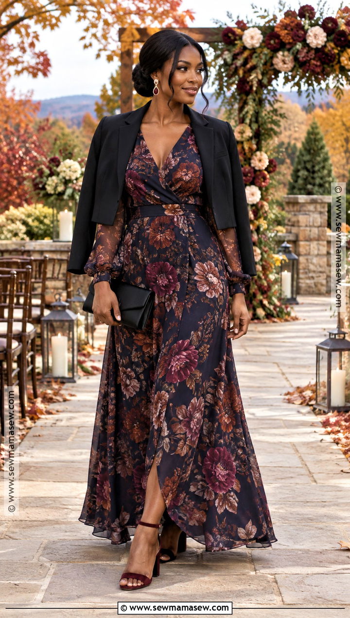 Dark Floral Fall Wedding Guest Outfit - 15 fall wedding guest outfit ideas for black women