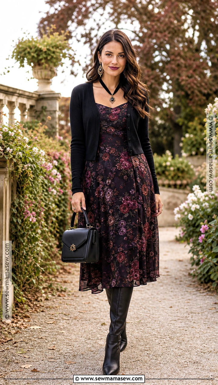 Dark Floral Halloween Outfit With Knee High Boots - 30 Halloween Fashion Ideas