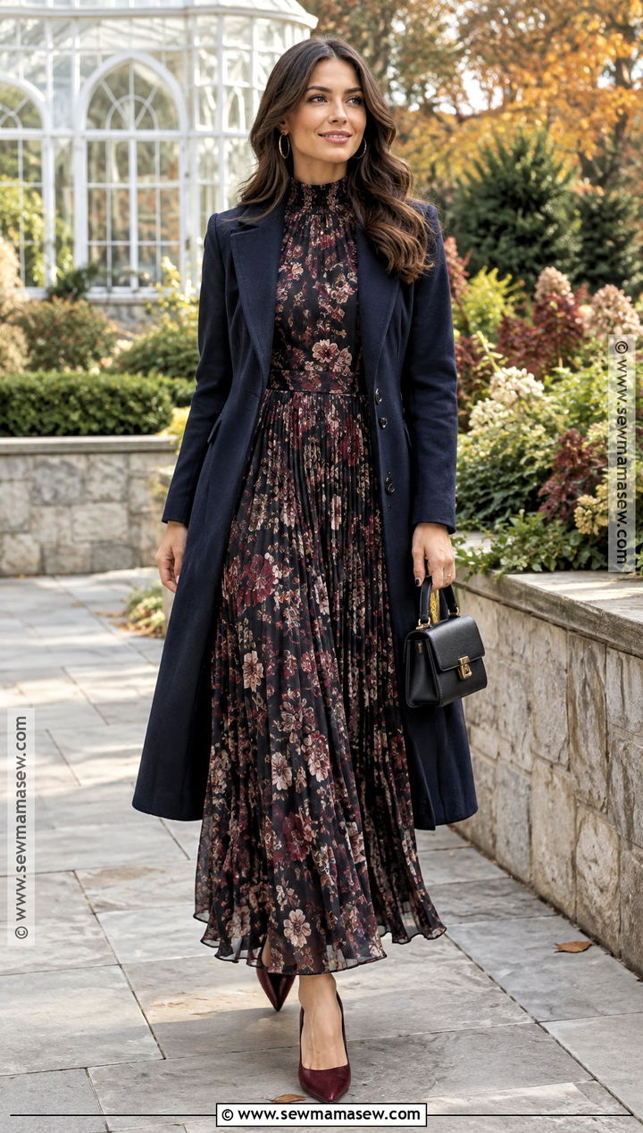 Dark Floral High Neck Maxi Dress Outfit - 15 Formal Fall Wedding Guest Outfit Ideas