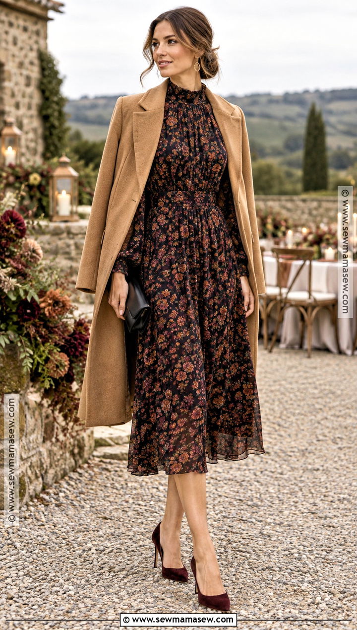 Dark Floral High Neck Wedding Guest Dress - 25 wedding guest dress autumn ideas