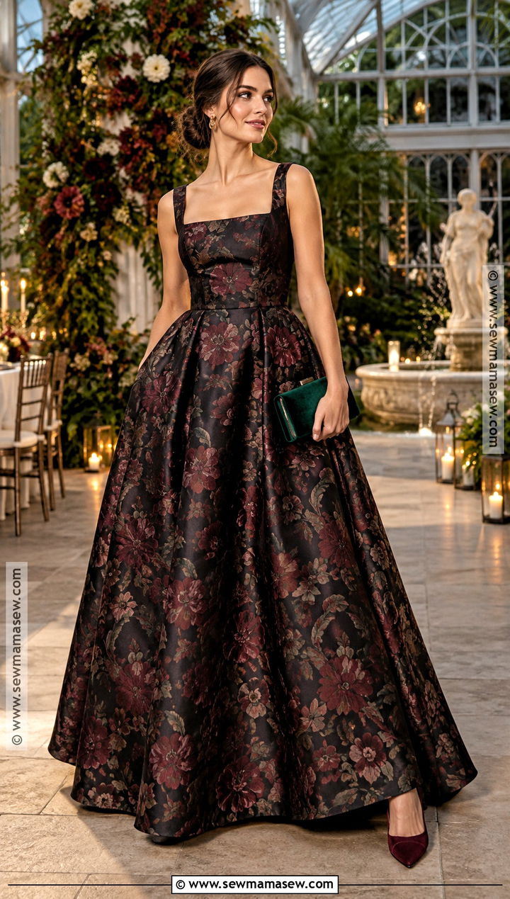 Dark Floral Jacquard Ball Gown - 25 black tie wedding guest dress fall ideas