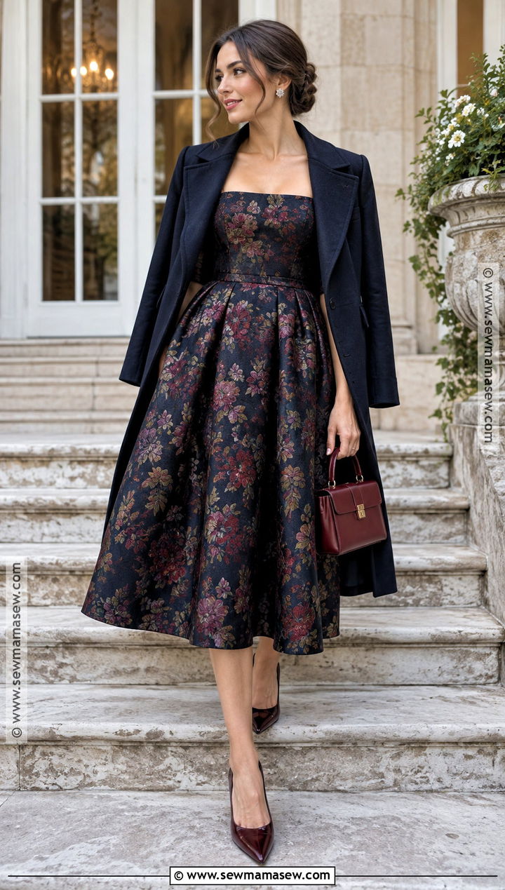 Dark Floral Jacquard Fall Wedding Guest Dress - 15 2026 fall wedding guest dresses