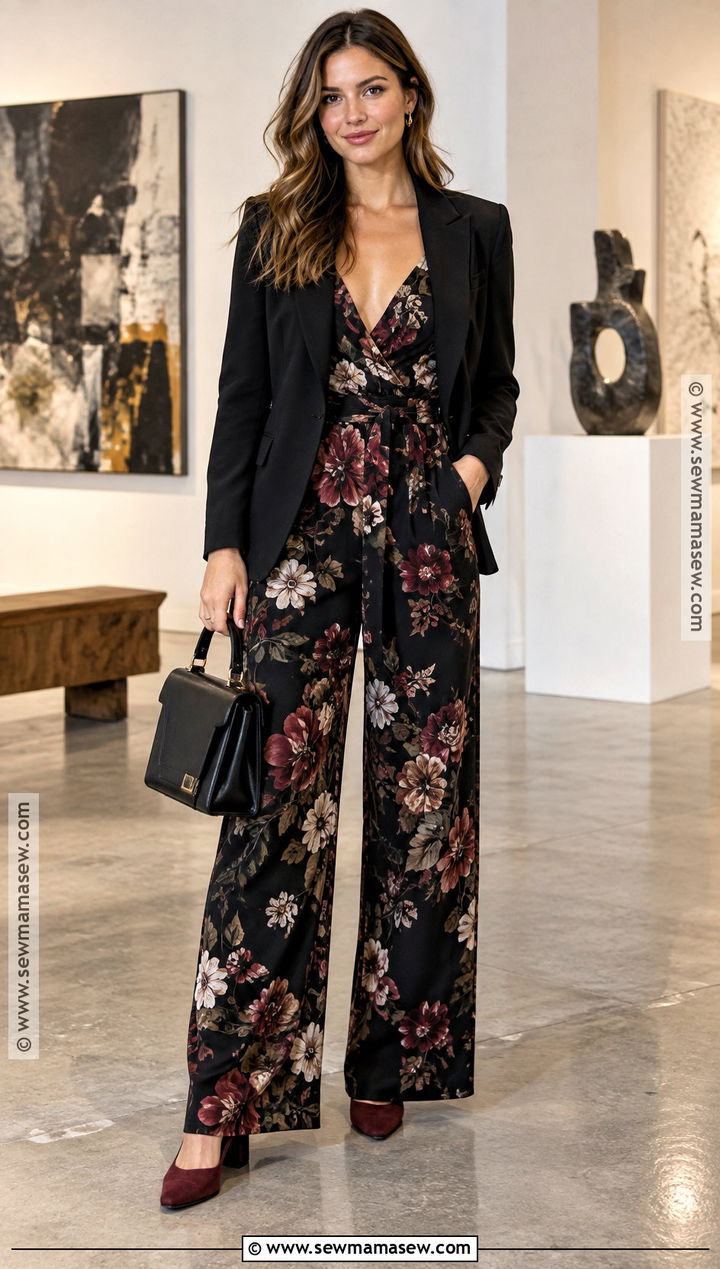 Dark Floral Jumpsuit Engagement Party Outfit - 20 Fall Engagement Party Outfit Guest Ideas