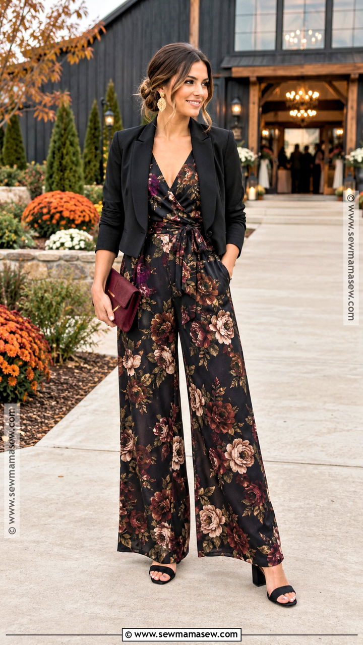 Dark Floral Jumpsuit Fall Wedding Outfit - 20 fall outdoor wedding outfit guest ideas