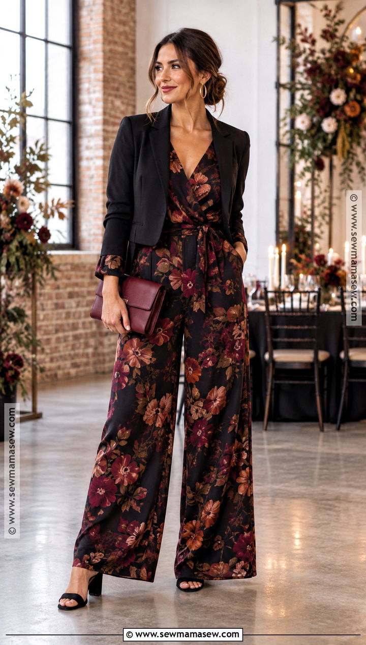 Dark Floral Jumpsuit October Wedding Guest Outfit - 20 Wedding Guest October Outfit Ideas
