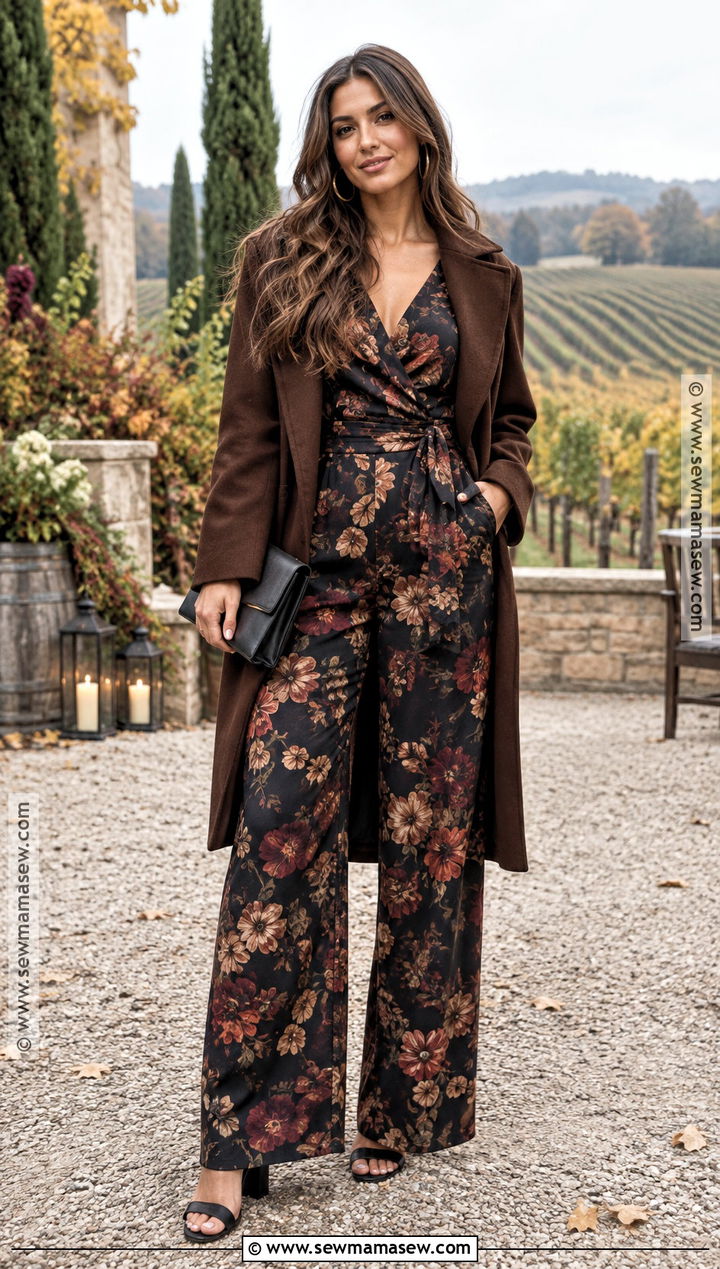 Dark Floral Jumpsuit Wedding Guest Outfit - 20 fall wedding guest outfit november ideas