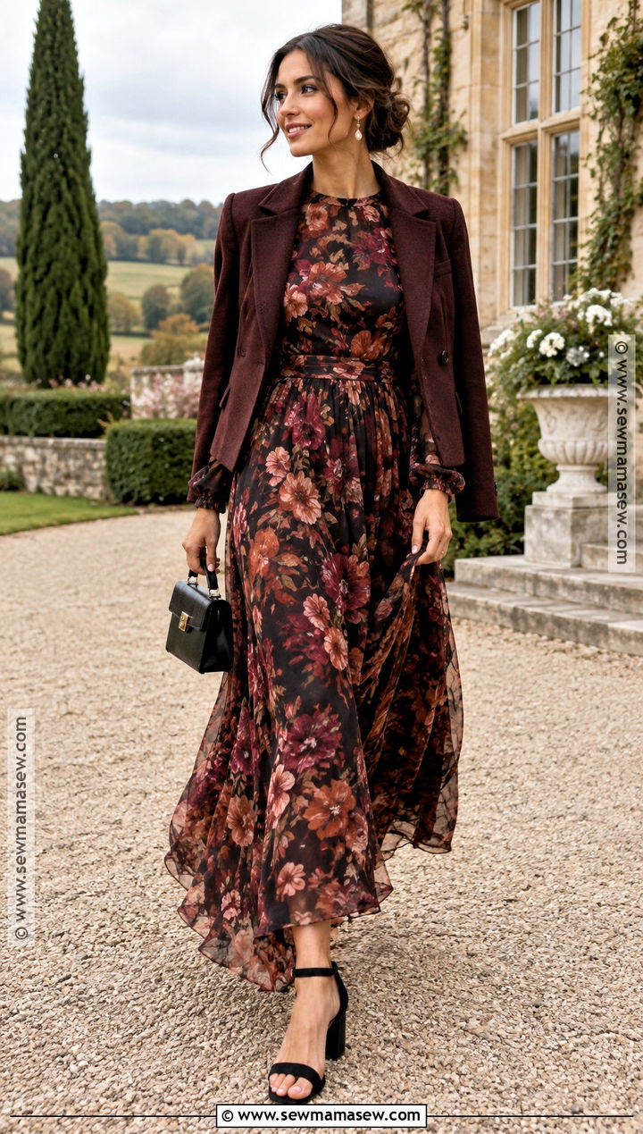 Dark Floral Long Sleeve Autumn Wedding Guest Dress - 15 Autumn Guest Wedding Dress Ideas