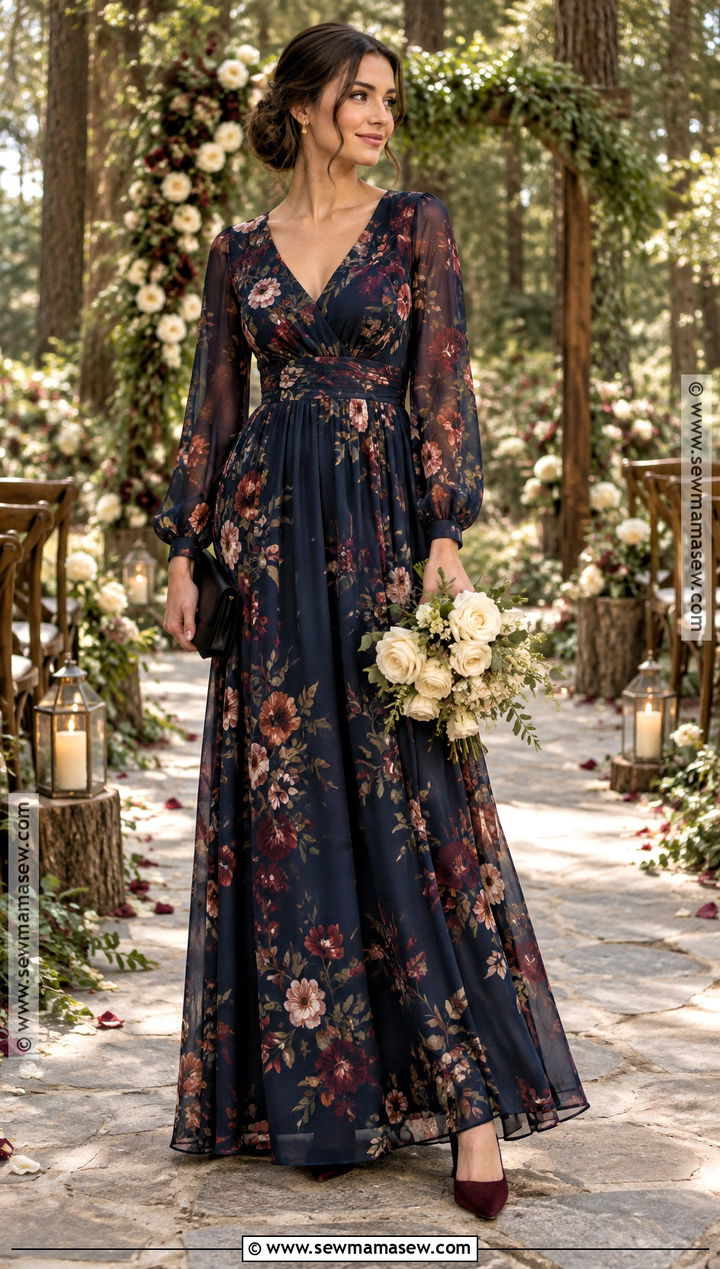 Dark Floral Long Sleeve Bridesmaid Dress - 15 Dark Fall Bridesmaid Dresses