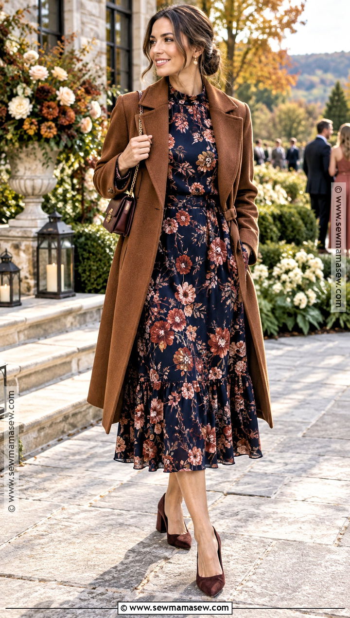 Dark Floral Long Sleeve Dress Outfit - 15 dresses for fall wedding