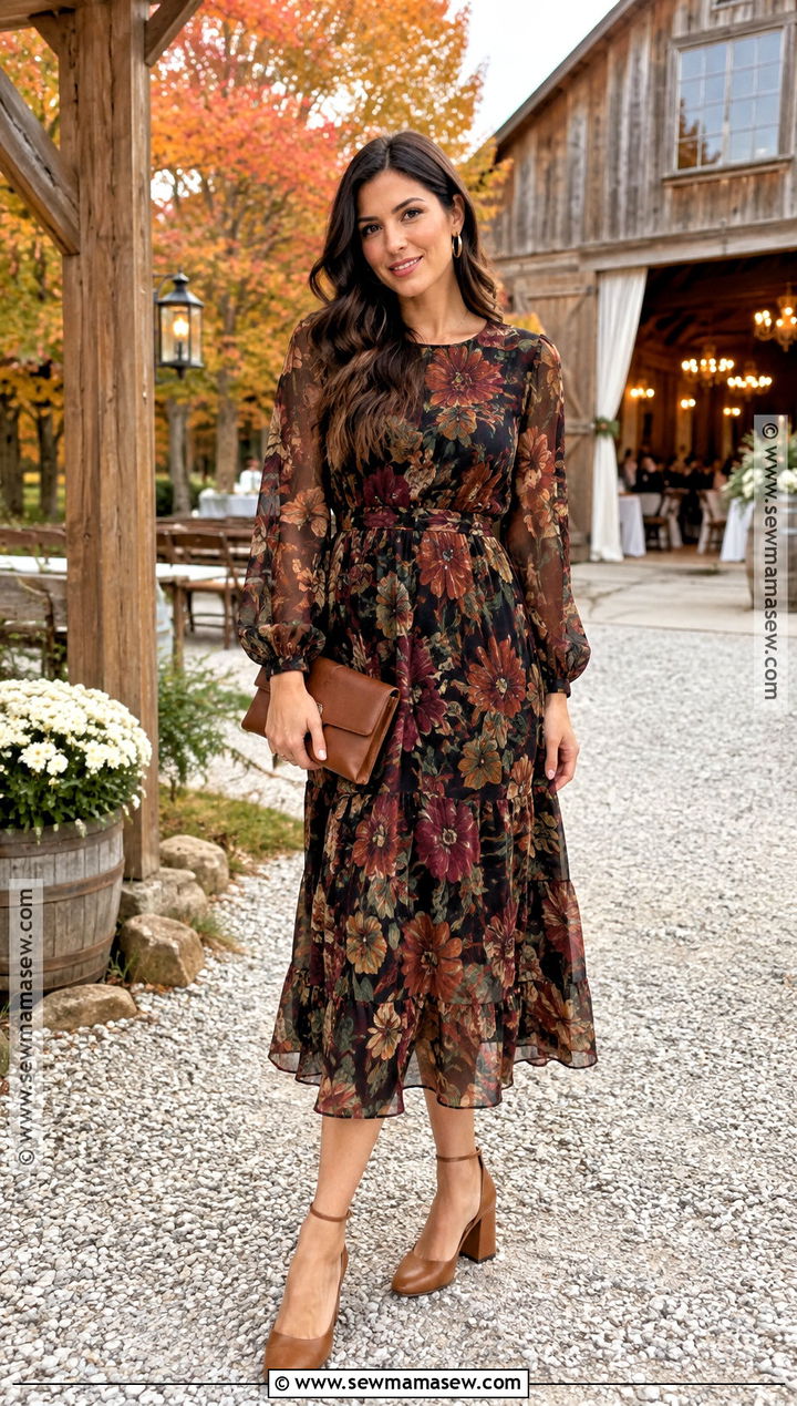 Dark Floral Long Sleeve Fall Barn Wedding Guest Dress - 20 fall barn wedding guest dress ideas