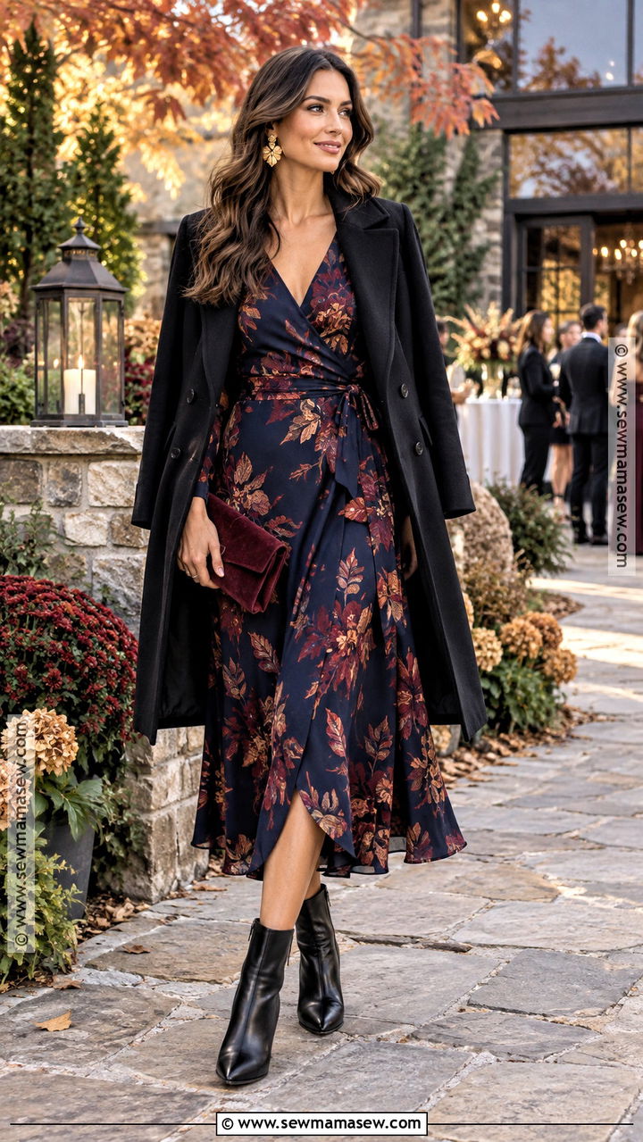 Dark Floral Long Sleeve Fall Cocktail Outfit - 20 fall cocktail outfit ideas