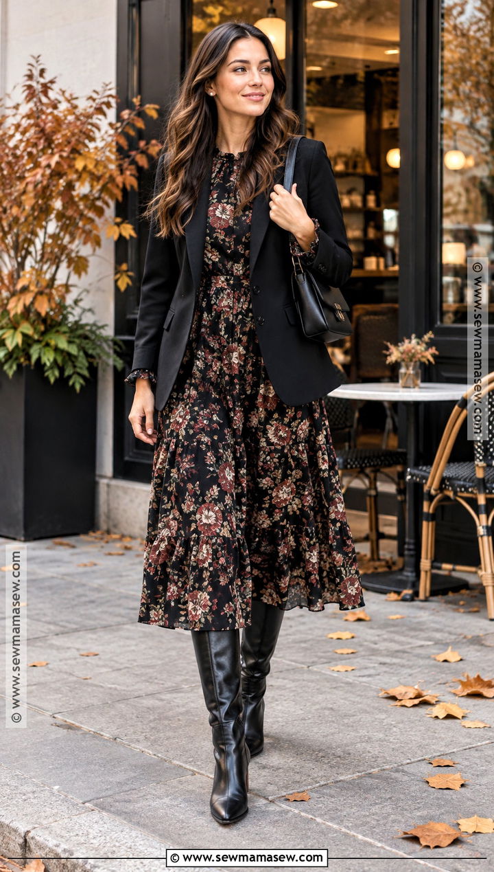 Dark Floral Long Sleeve Fall Dress - 15 fall dresses elegant