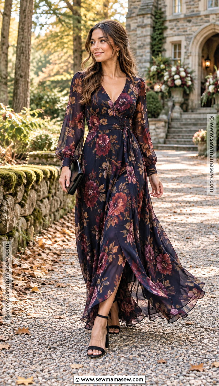 Dark Floral Long Sleeve Fall Wedding Dress - 15 womens fall dresses wedding