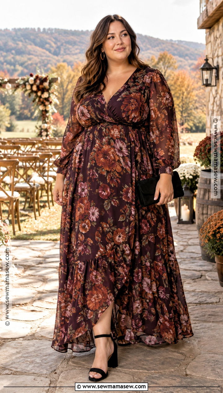 Dark Floral Long Sleeve Fall Wedding Guest Dress - 25 fall wedding guest dress ideas for plus size