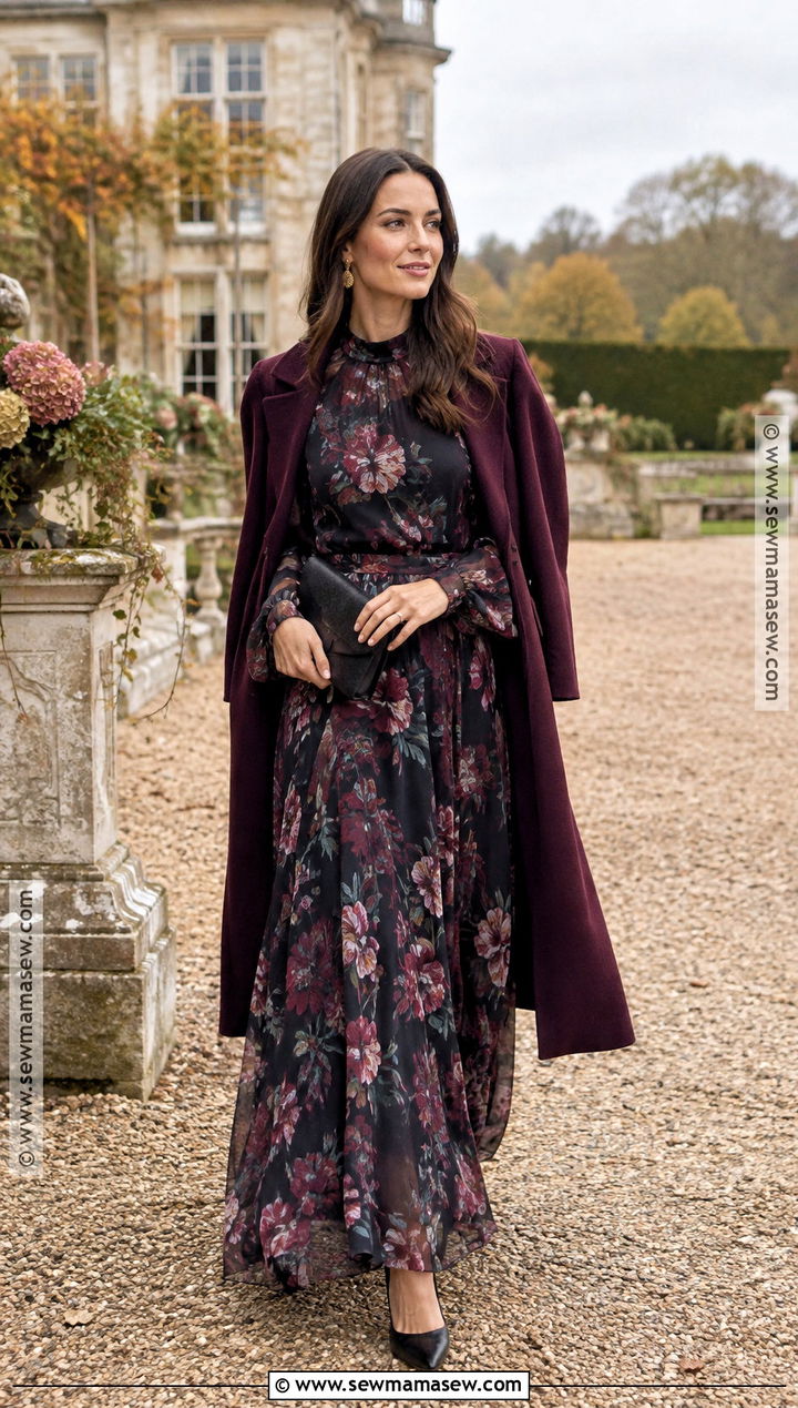 Dark Floral Long Sleeve Fall Wedding Guest Dress - 25 fall wedding guest dress october formal ideas