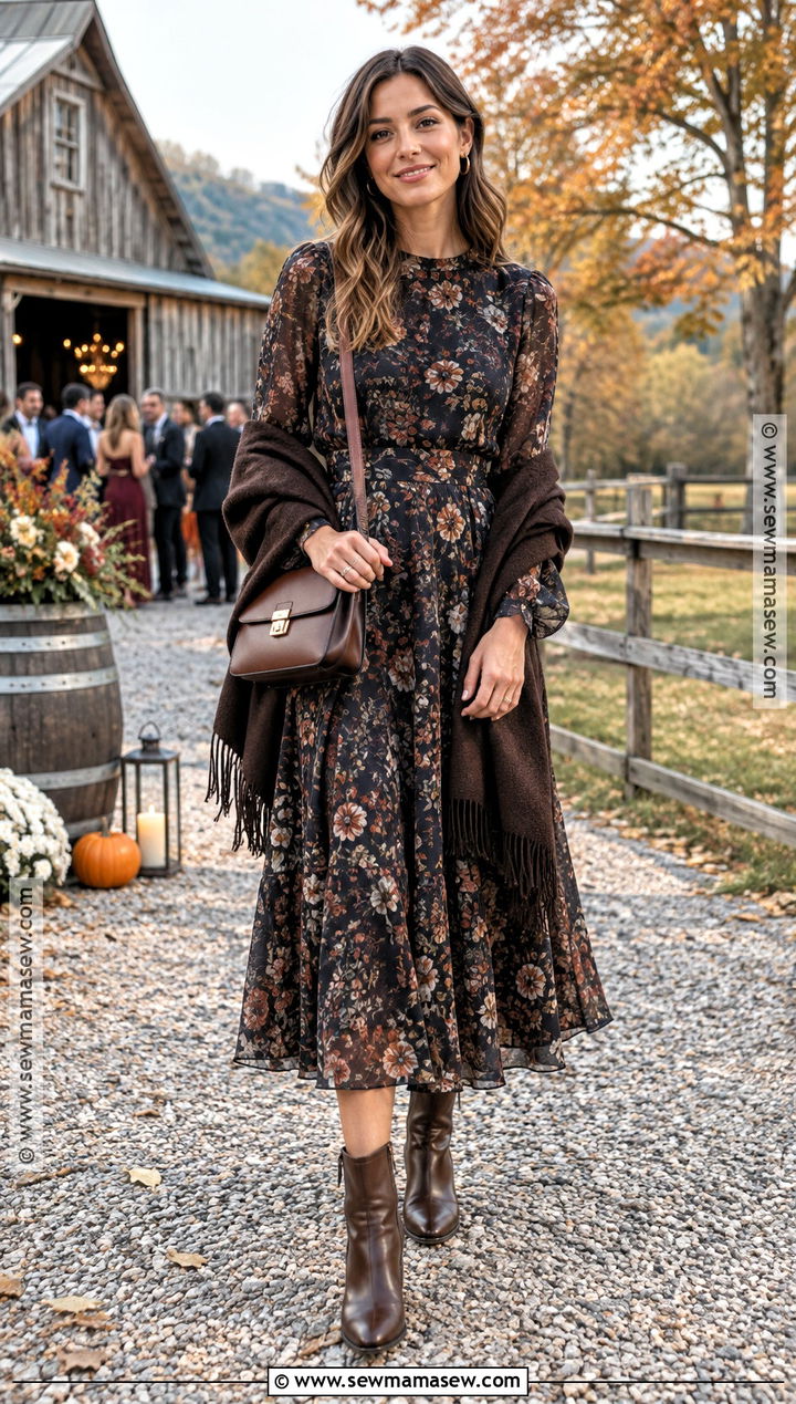 Dark Floral Long Sleeve Fall Wedding Guest Dress - 15 Fall Wedding Guest Dress Casual Outdoor Ideas