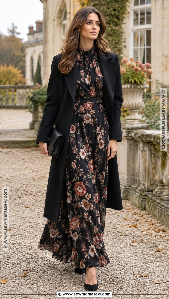 Dark Floral Long Sleeve Formal Dress - 20 autumn dress formal ideas