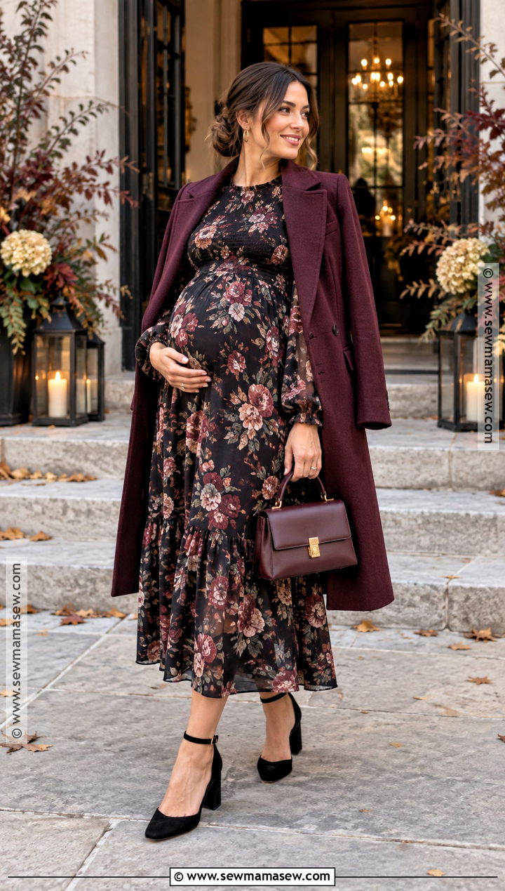 Dark Floral Long Sleeve Maternity Dress - 20 fall maternity wedding guest dress ideas