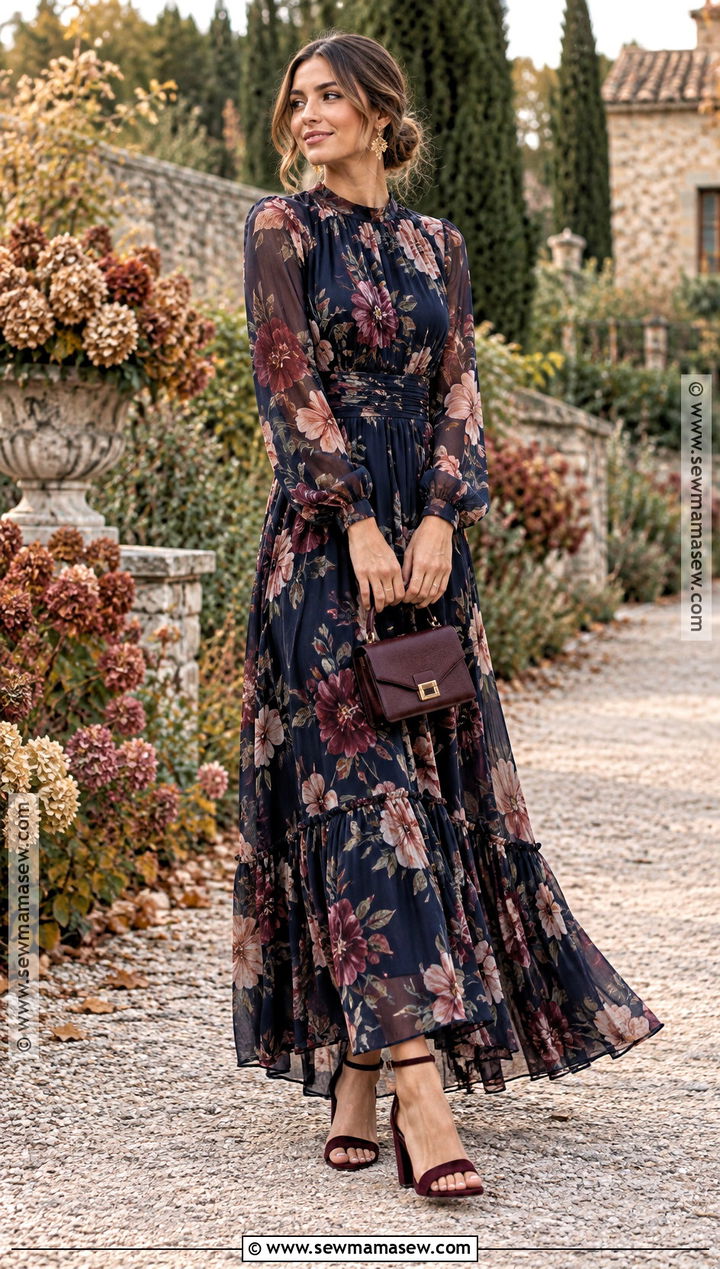 Dark Floral Long Sleeve Maxi Dress - 20 fall garden wedding guest dress ideas