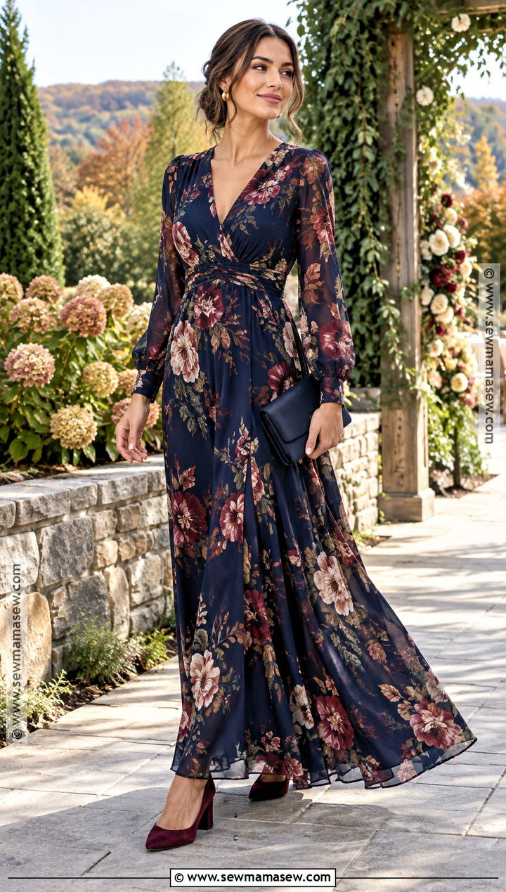 Dark Floral Long Sleeve Maxi Dress Wedding Guest Outfit - 15 Long Dress Wedding Guest Fall Ideas