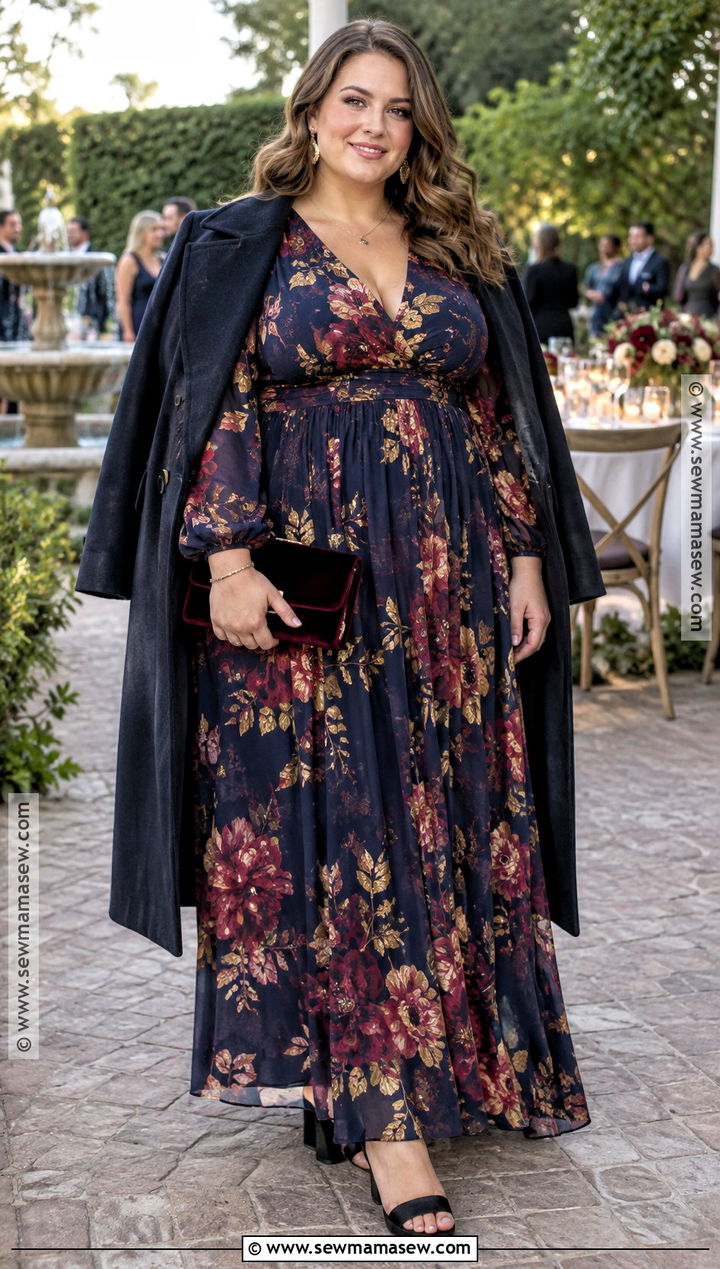 Dark Floral Long Sleeve Maxi Dress - 15 october wedding guest dress ideas for plus size
