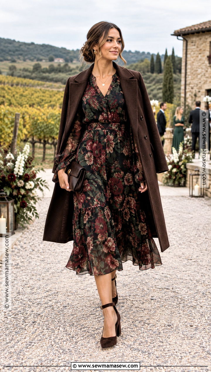 Dark Floral Long Sleeve Midi Dress - 15 november dresses for wedding guest