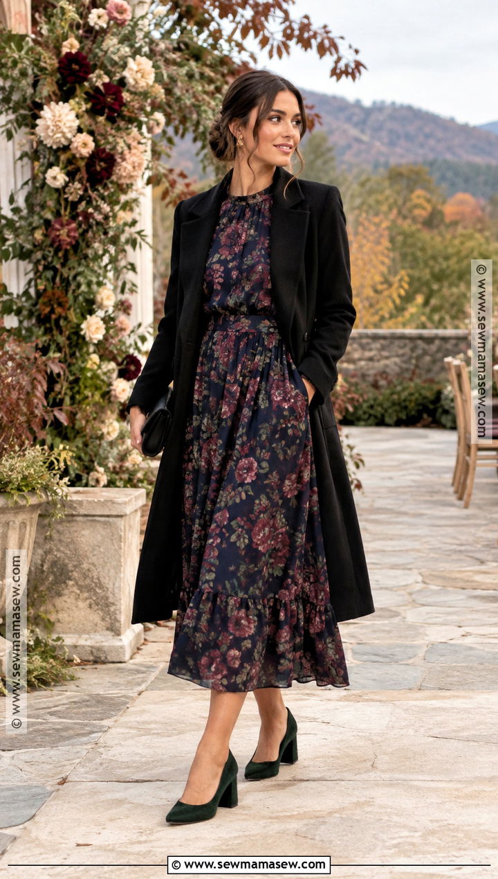Dark Floral Long Sleeve Midi Dress Outfit - 20 fall cocktail wedding guest dress ideas