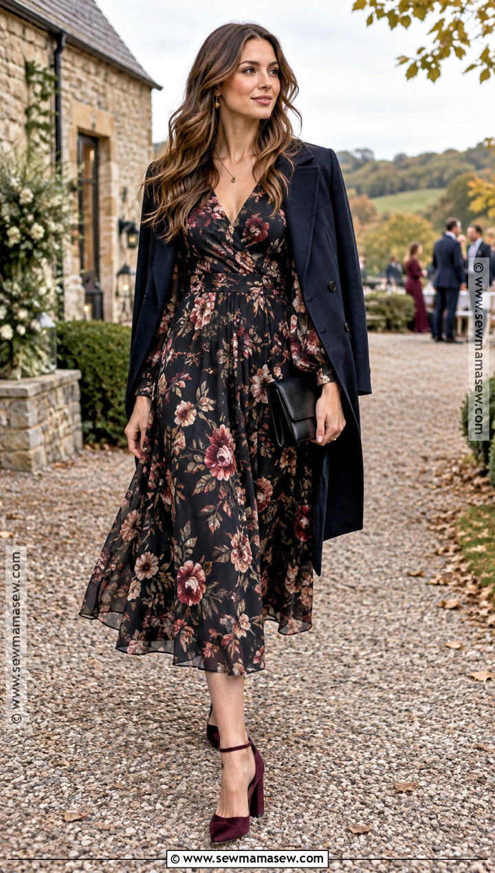 Dark Floral Long Sleeve Midi Dress Outfit - 15 Fall Wedding Guest Midi Dress Ideas