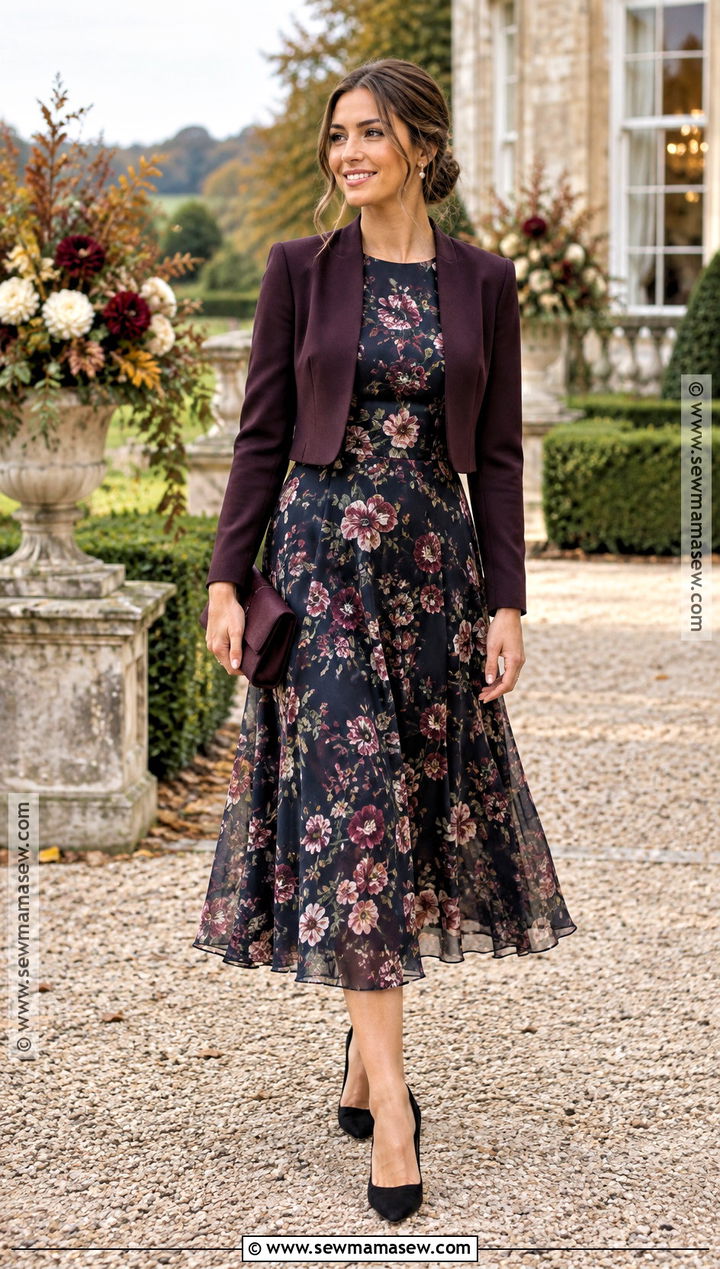 Dark Floral Long Sleeve Midi Dress - 15 Fall Cocktail Dress Wedding Guest Long Sleeve Ideas