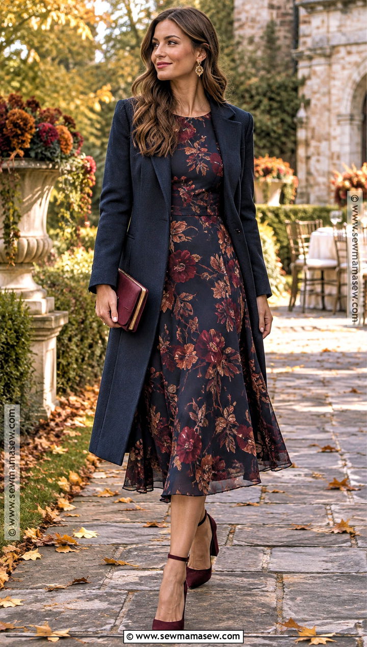 Dark Floral Long Sleeve Midi Fall Wedding Outfit - 20 fall wedding outfits for women