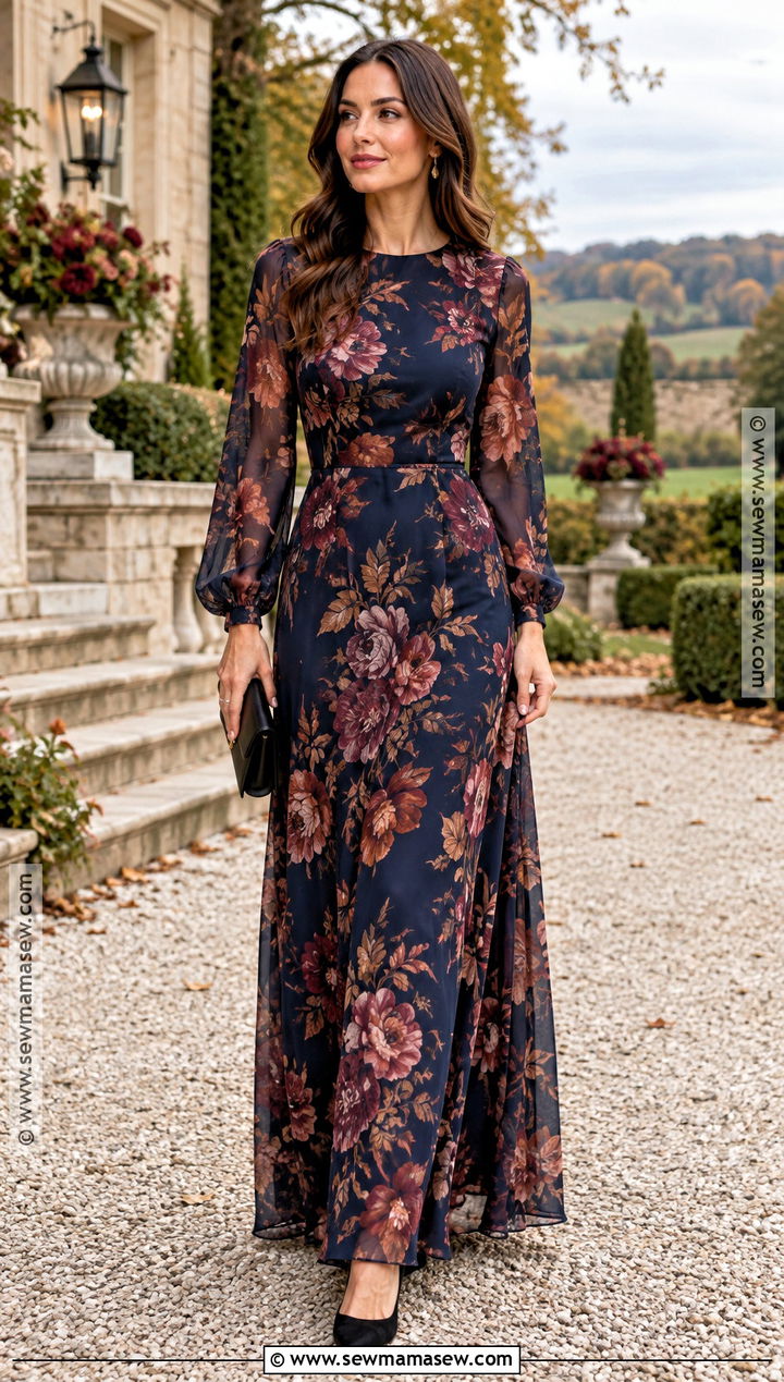 Dark Floral Long Sleeve Wedding Guest Gown - 15 October Formal Wedding Guest Dress Ideas
