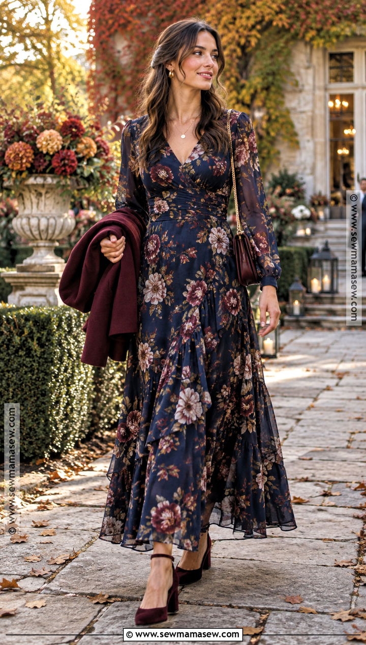 Dark Floral Maxi Autumn Wedding Guest Dress - 25 autumn dresses wedding guest