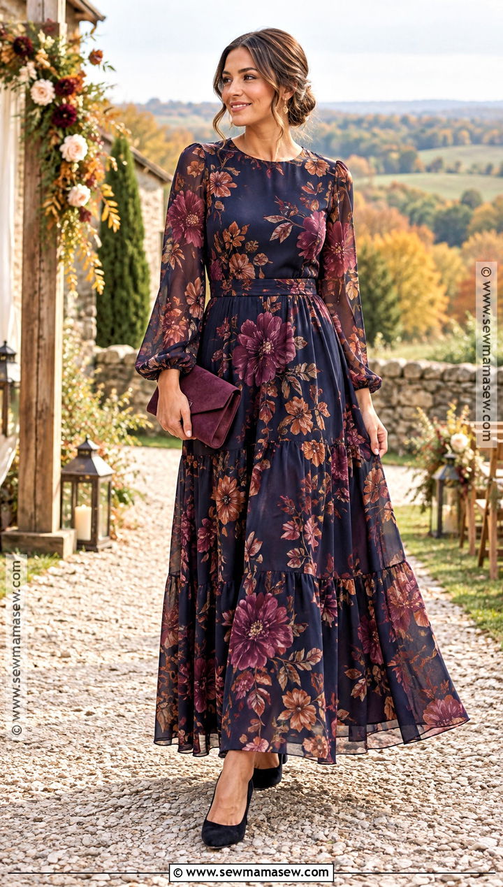 Dark Floral Maxi Autumn Wedding Guest Outfit - 15 autumn guest wedding outfits