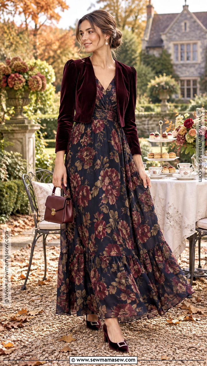 Dark Floral Maxi Dress Afternoon Tea Outfit - 20 fall afternoon tea outfit ideas