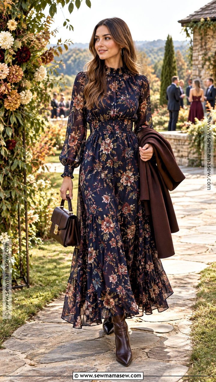 Dark Floral Maxi Dress And Ankle Boots Outfit - 15 fall daytime wedding guest outfit ideas