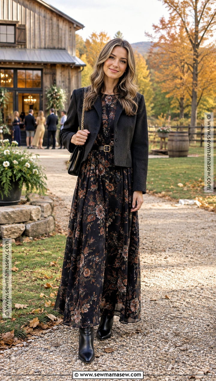 Dark Floral Maxi Dress And Ankle Boots Wedding Guest Outfit - 25 outdoor fall wedding guest outfit ideas