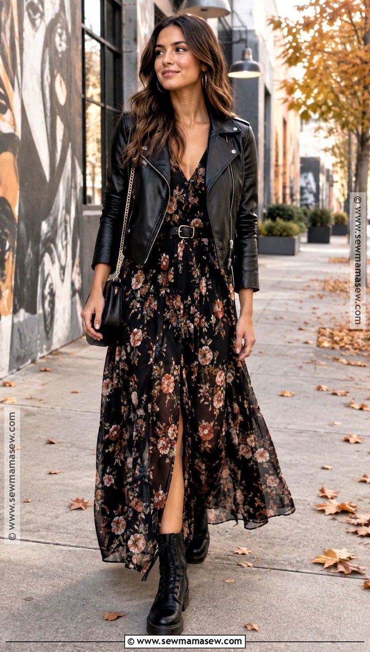 Dark Floral Maxi Dress And Biker Jacket Outfit - 25 2026 fall fashion ideas
