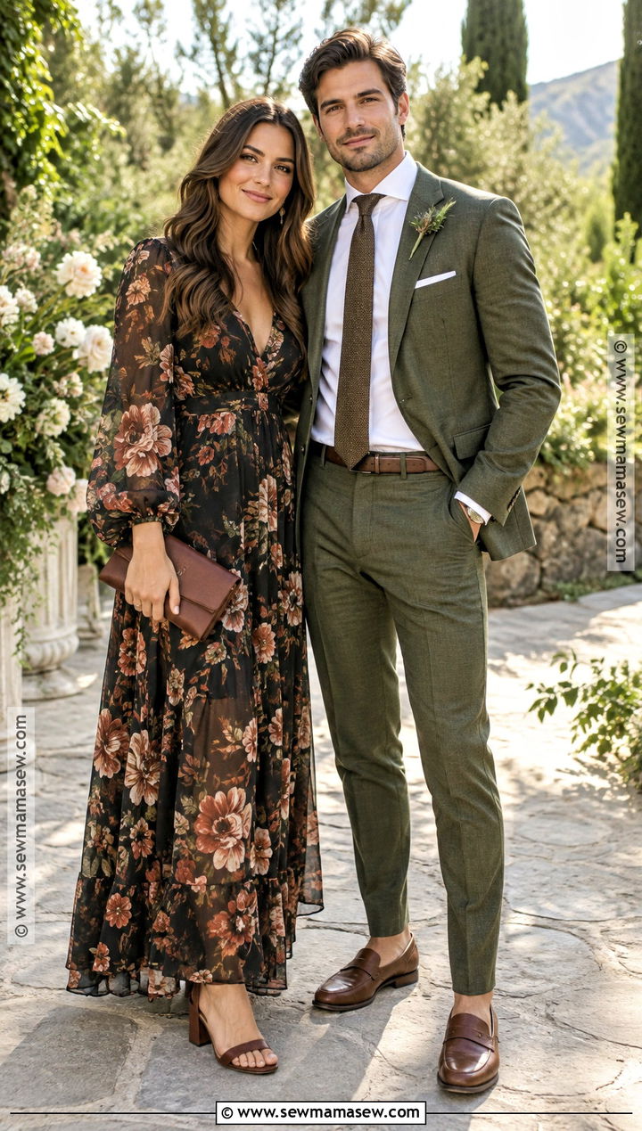 Dark Floral Maxi Dress And Olive Suit Fall Wedding Guest Couple Outfit - 20 fall wedding guest couple outfits