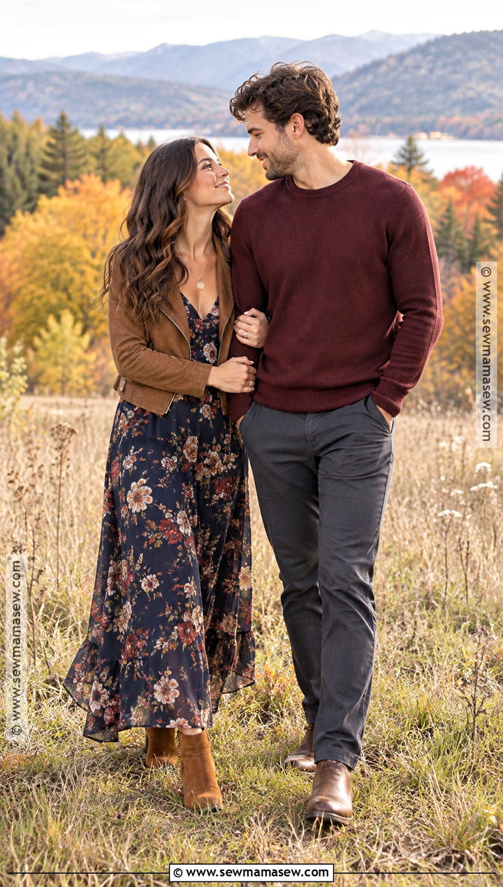 Dark Floral Maxi Dress Autumn Engagement Photo Outfit - 20 autumn engagement photos outfits