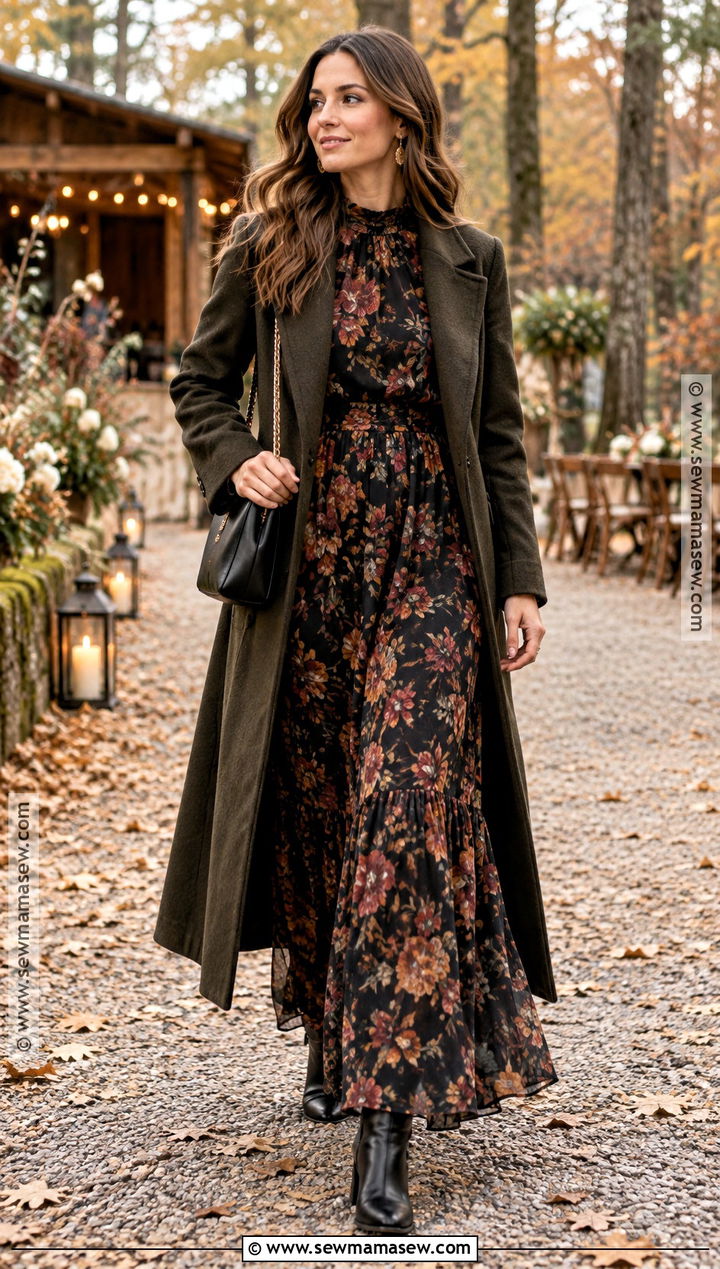 Dark Floral Maxi Dress Autumn Wedding Guest Outfit - 15 Autumn Wedding Attire Guest Ideas